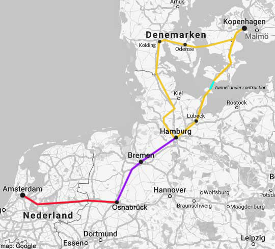 amsterdam-copenhagen rail map